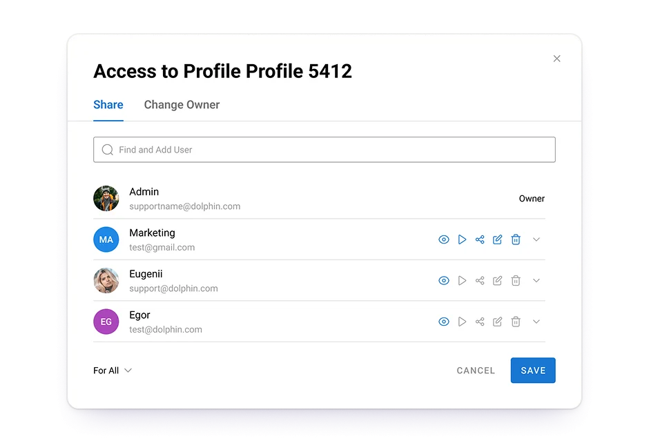 Dolphin{anty} workspace screenshot — team permissions