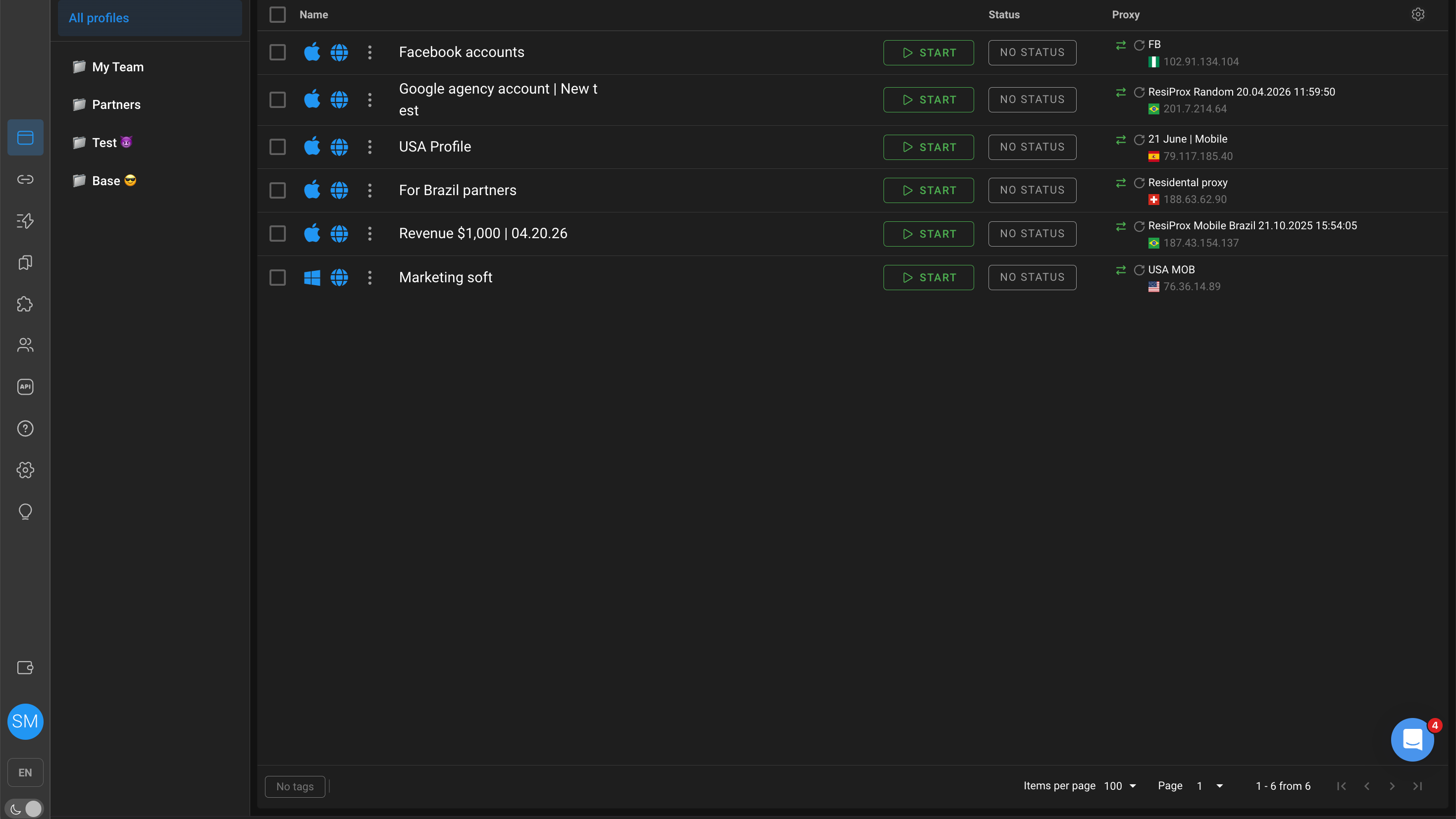 Dolphin{anty} dashboard — manage multiple browser profiles